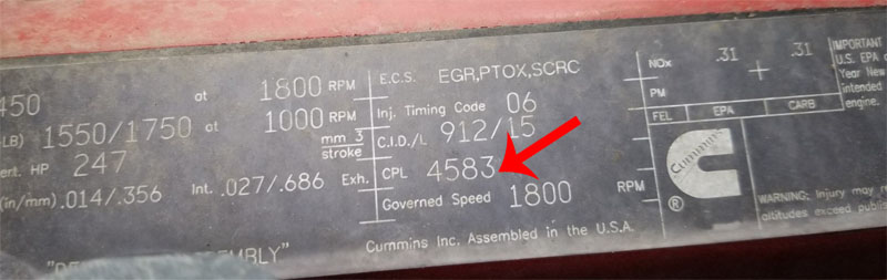 Cummins CPL number on the data plate - max power determination.