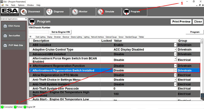 Paccar ESA disable regen and DEF warning indicators